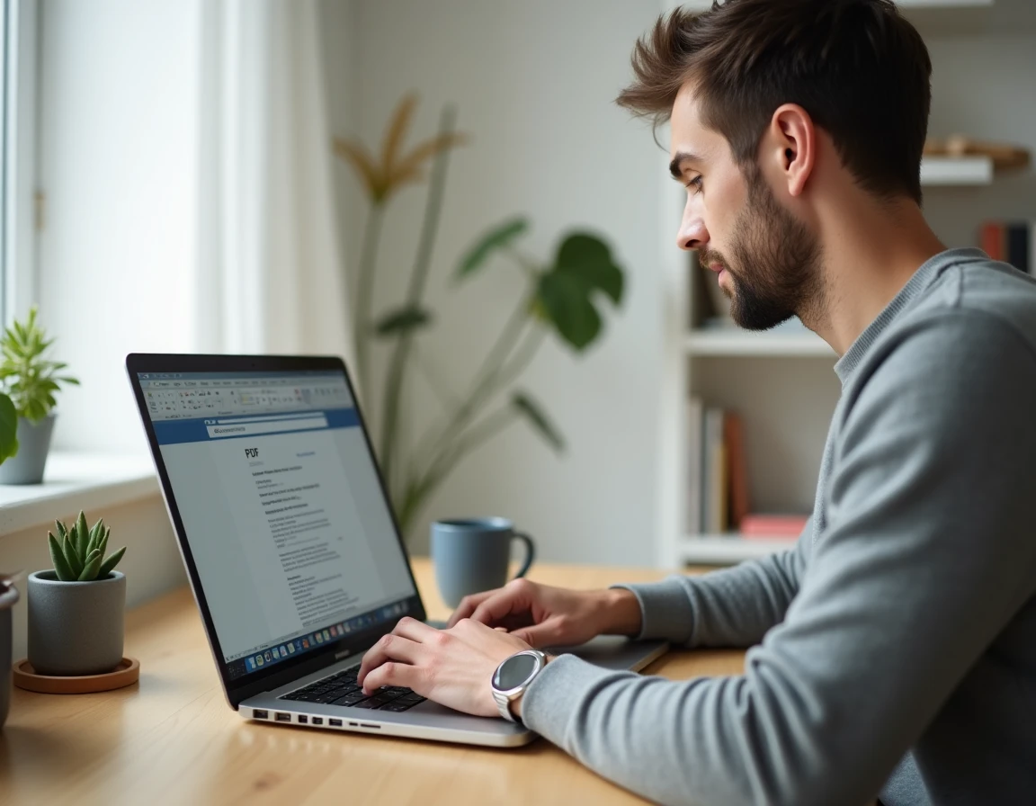 Homme en télétravail utilisant Word pour convertir un PDF depuis son bureau à domicile