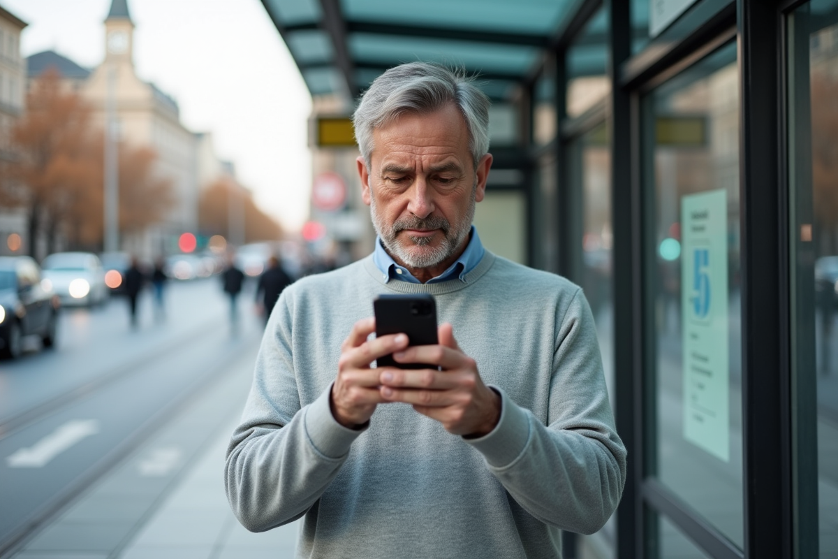 Homme dehors au tram utilisant la reconnaissance faciale