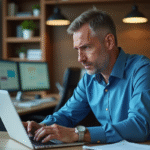 Homme d'âge moyen concentré au bureau avec ordinateur