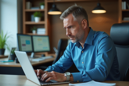 Homme d'âge moyen concentré au bureau avec ordinateur