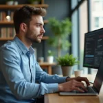 Jeune homme au bureau utilisant un ordinateur portable