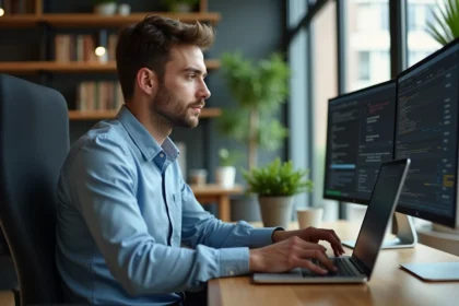 Jeune homme au bureau utilisant un ordinateur portable
