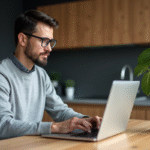 Homme travaillant sur un ordinateur portable dans une cuisine moderne