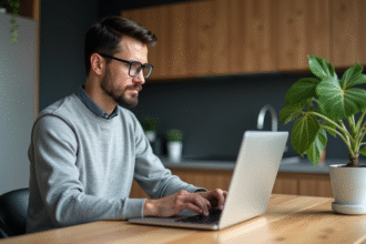 Homme travaillant sur un ordinateur portable dans une cuisine moderne