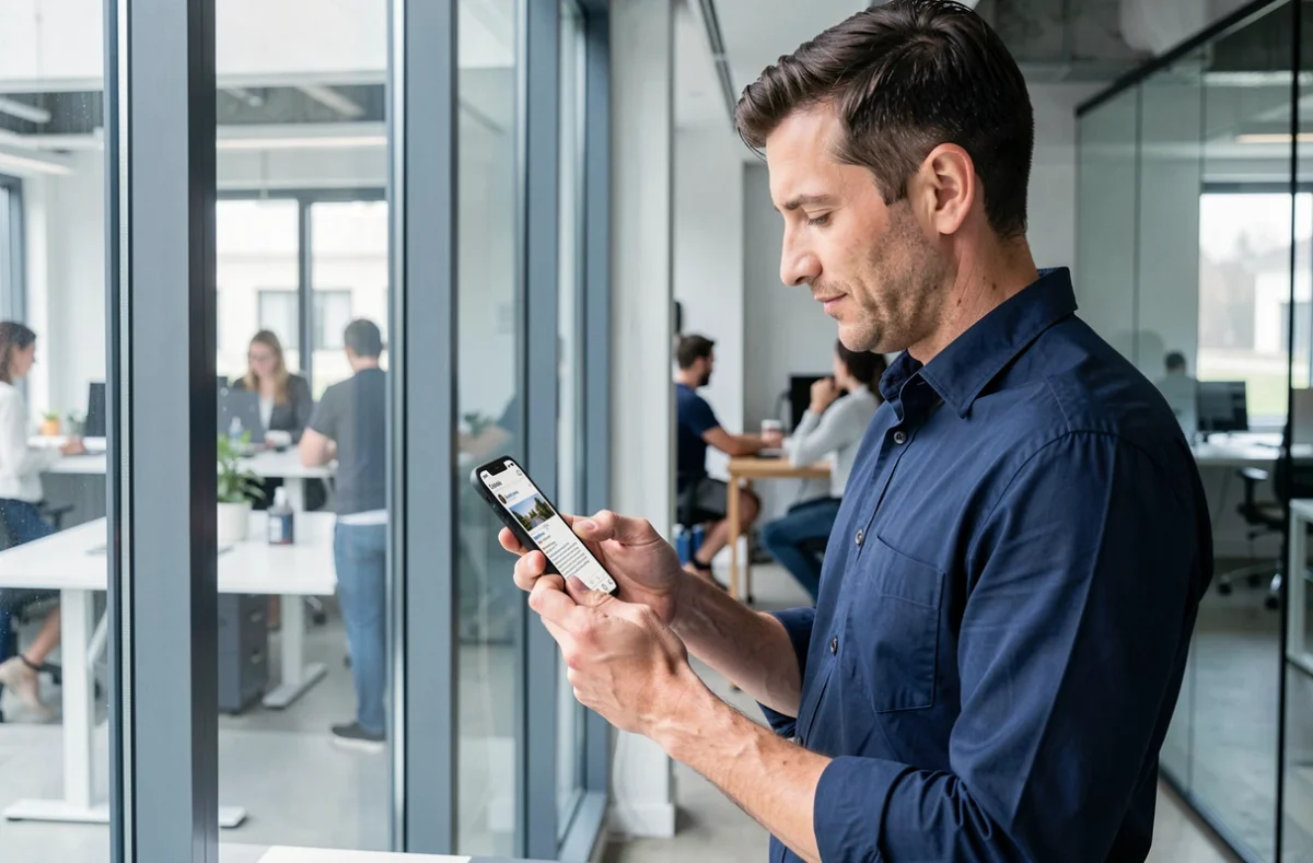 Homme professionnel vérifiant la longueur de son texte sur smartphone dans un espace de coworking
