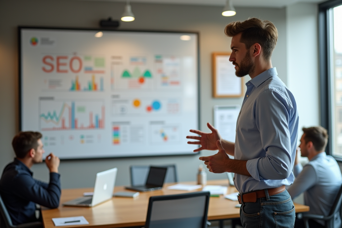 Jeune homme expliquant un plan SEO devant un tableau blanc