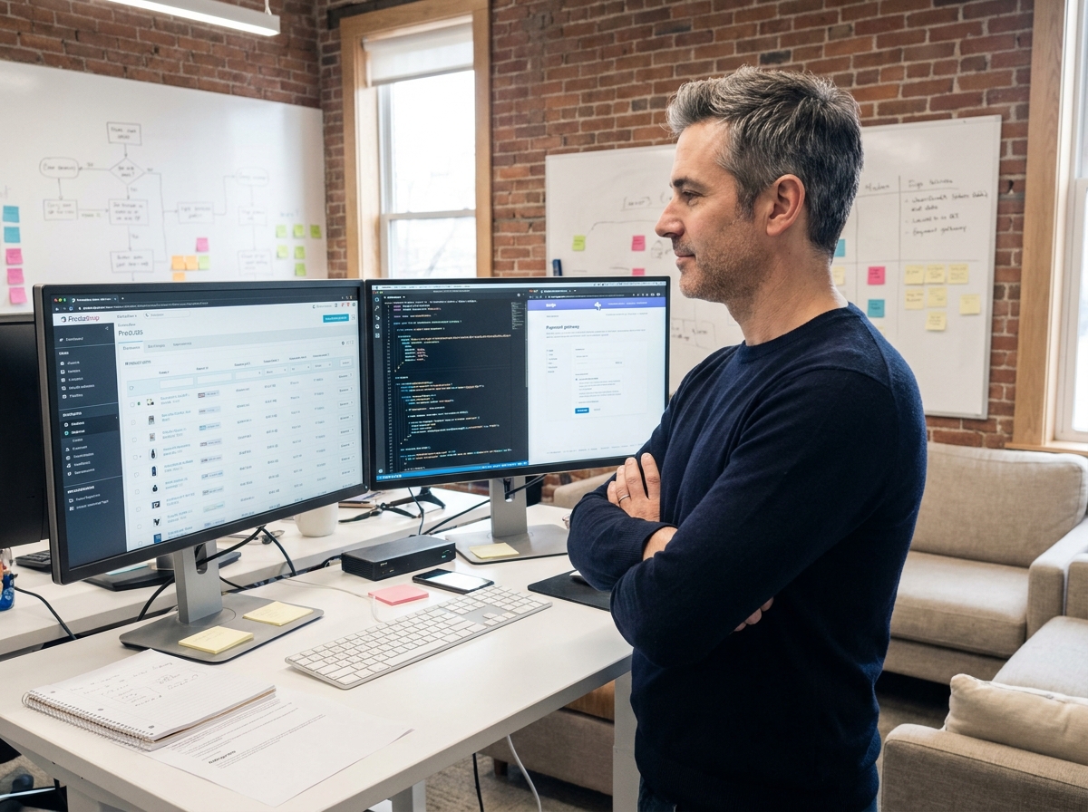 Développeur intégrant un module de paiement dans l'interface back-office PrestaShop sur deux écrans