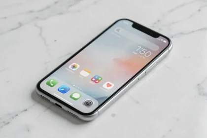 iPhone SE 2026 posé sur une surface en marbre blanc, vue en plongée légère mettant en valeur son design compact et son écran d'accueil