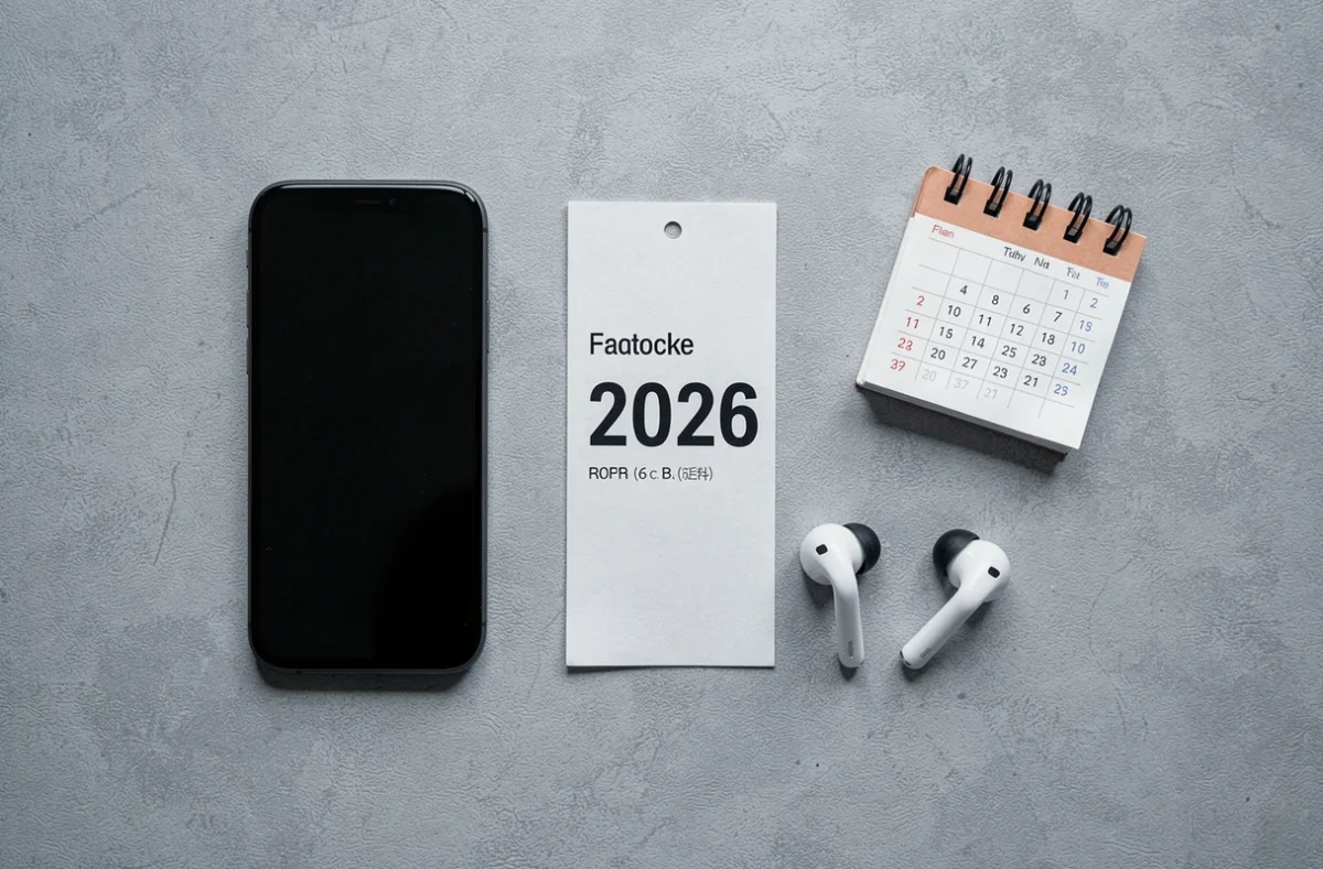 Vue de dessus d'un smartphone compact, d'un calendrier 2026 et d'une étiquette de prix sur un bureau gris, évoquant le lancement et la stratégie tarifaire de l'iPhone SE