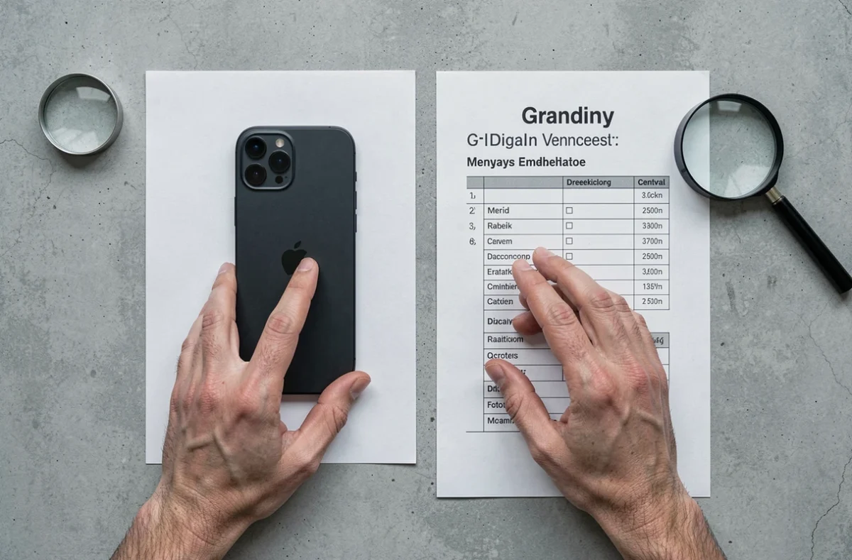 Vue du dessus d'un iPhone 12 reconditionné posé à côté d'une checklist de contrôle qualité grade A sur un bureau en béton