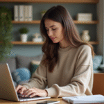 Jeune femme au bureau à domicile travaillant sur son ordinateur