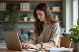 Jeune femme au bureau à domicile travaillant sur son ordinateur