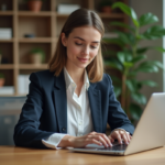 Jeune femme française travaillant sur son ordinateur dans un bureau moderne