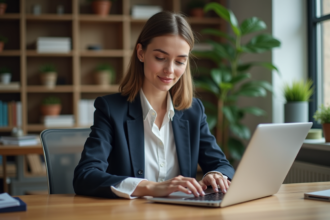 Jeune femme française travaillant sur son ordinateur dans un bureau moderne