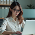 Jeune femme concentrée travaillant sur un ordinateur dans un bureau professionnel