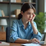 Jeune femme en blouse bleue travaillant sur son ordinateur dans un bureau moderne