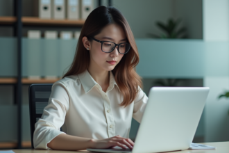 Jeune femme concentrée travaillant sur un ordinateur dans un bureau professionnel