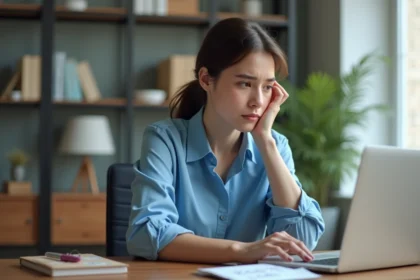 Jeune femme en blouse bleue travaillant sur son ordinateur dans un bureau moderne