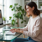 Jeune femme en home office créant un diaporama en ligne