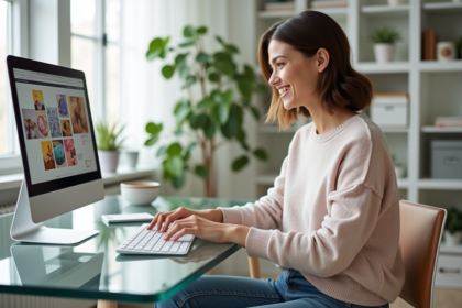 Jeune femme en home office créant un diaporama en ligne