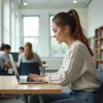 Jeune femme étudiant sur un ordinateur dans une salle lumineuse