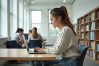 Jeune femme étudiant sur un ordinateur dans une salle lumineuse