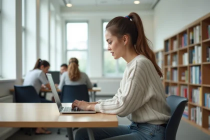 Jeune femme étudiant sur un ordinateur dans une salle lumineuse