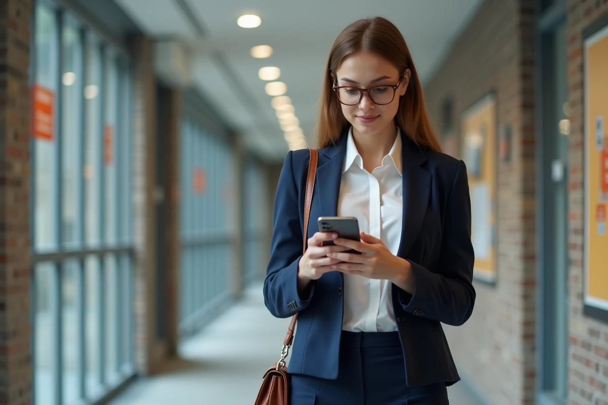 Jeune femme en blazer dans un couloir universitaire moderne