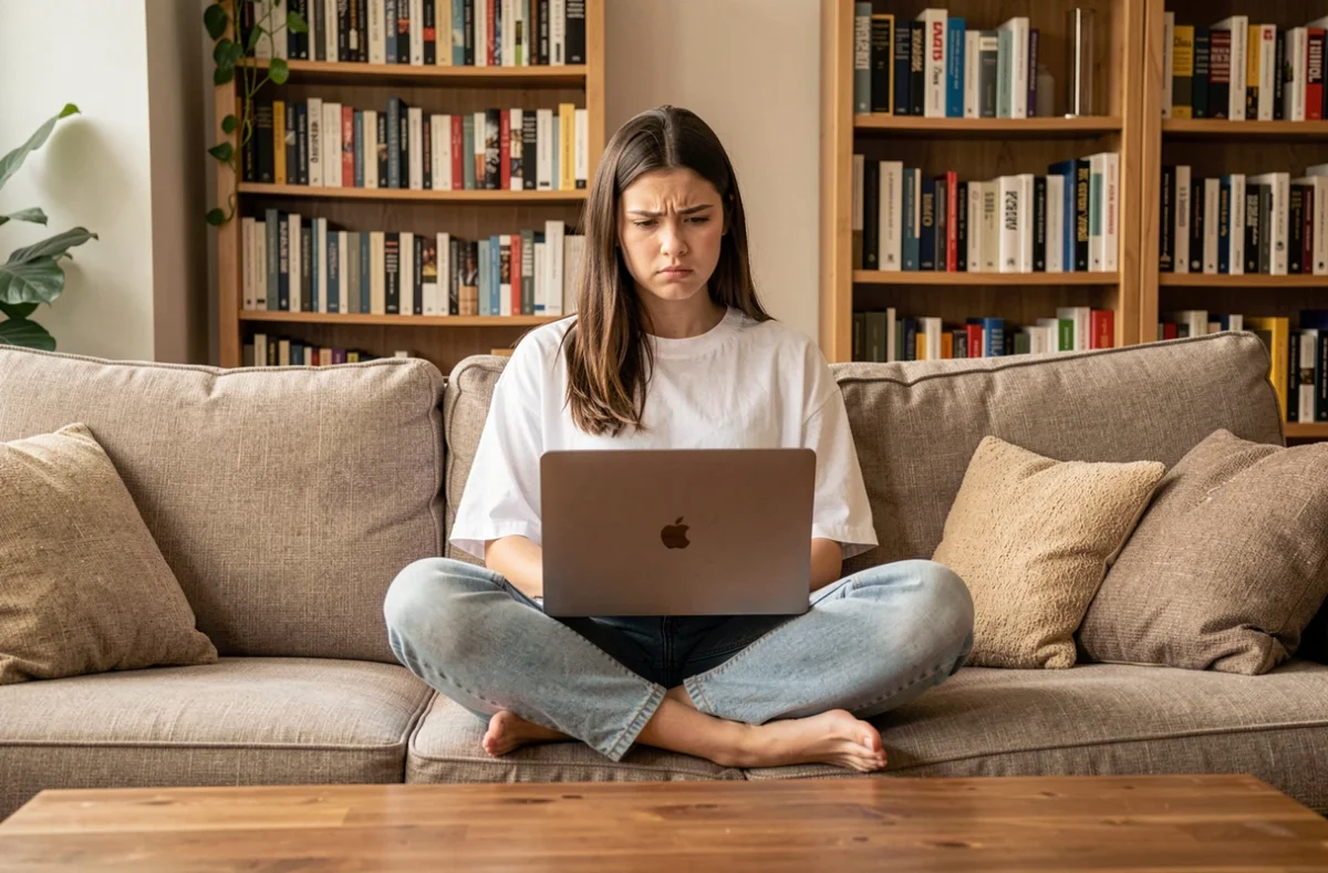Jeune femme assise sur un canapé avec un MacBook sur les genoux confrontée au bug du point d'exclamation