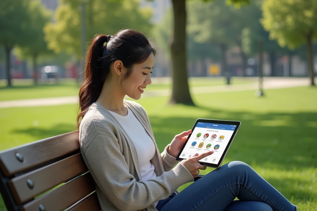 Jeune femme regardant un tableau Pokémon en plein air