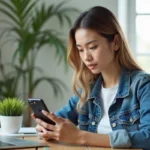 Jeune femme en denim utilisant un smartphone dans un bureau lumineux