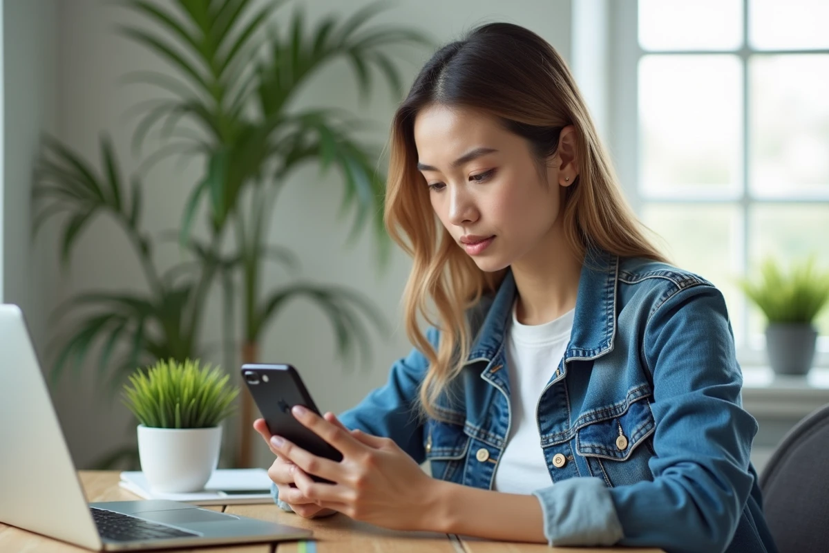 Jeune femme en denim utilisant un smartphone dans un bureau lumineux