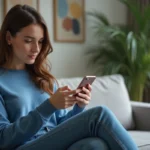 Jeune femme en salon avec smartphone et déco moderne
