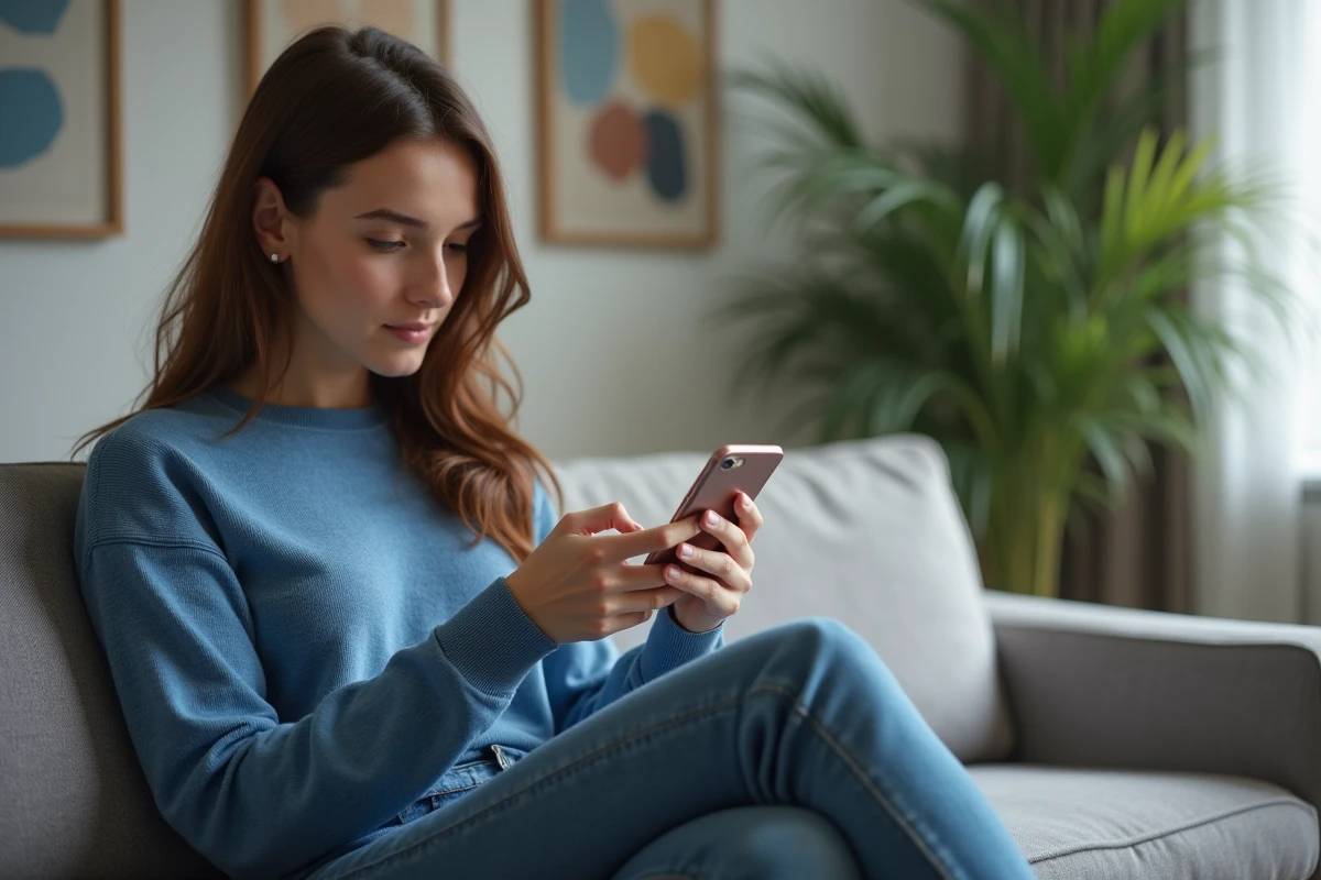 Jeune femme en salon avec smartphone et déco moderne