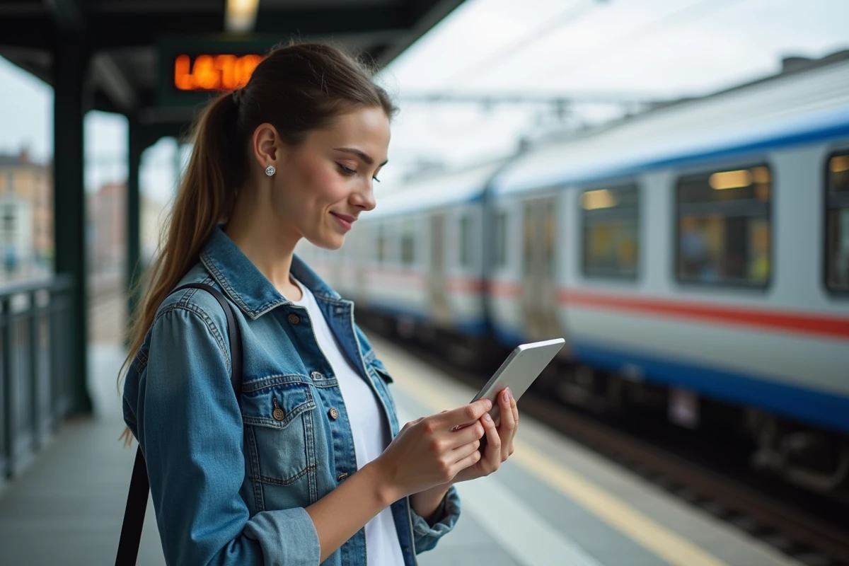 Jeune femme avec tablette à la gare en milieu urbain