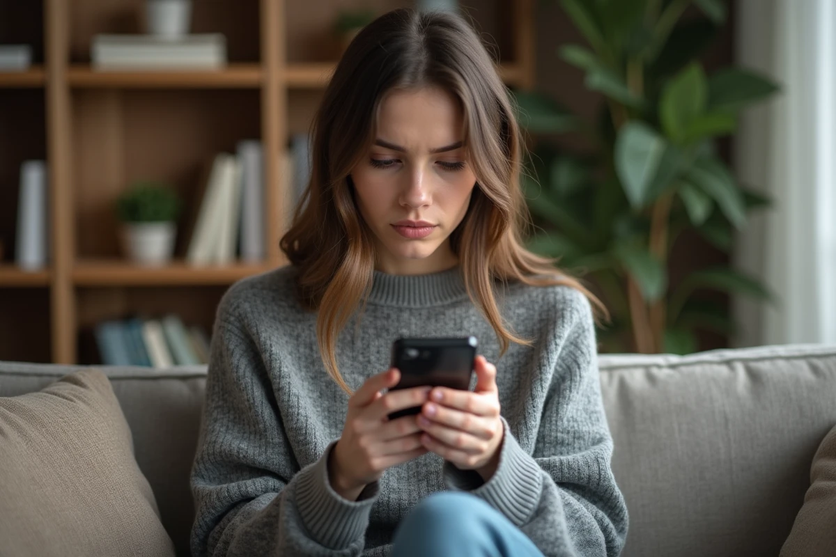 Jeune femme cherchant à réinitialiser son mot de passe sur son téléphone