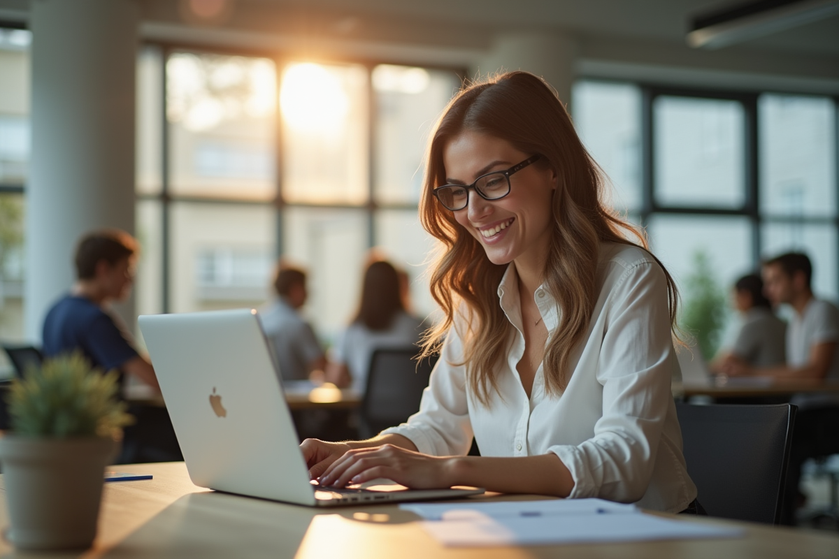 Jeune femme souriante travaillant sur son ordinateur portable