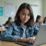 Jeune fille en classe avec ordinateur portable