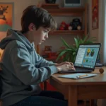 Adolescent concentré sur son ordinateur portable dans sa chambre