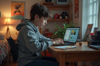 Adolescent concentré sur son ordinateur portable dans sa chambre