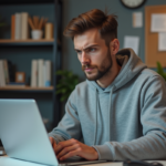 Jeune homme concentré au bureau à domicile