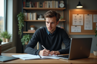 Jeune homme concentré travaillant sur son ordinateur dans un bureau moderne