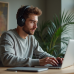 Jeune homme au bureau avec ordinateur et casque