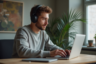 Jeune homme au bureau avec ordinateur et casque