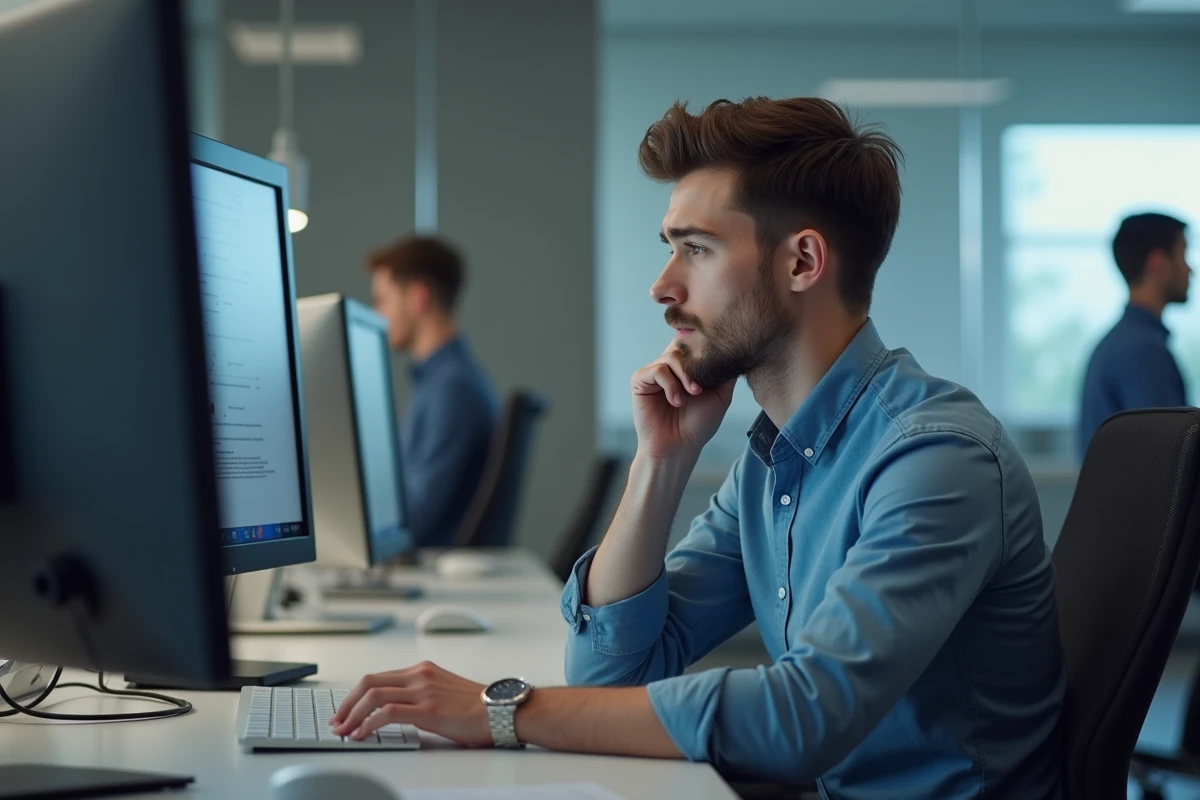 Jeune homme au bureau consulte un message d