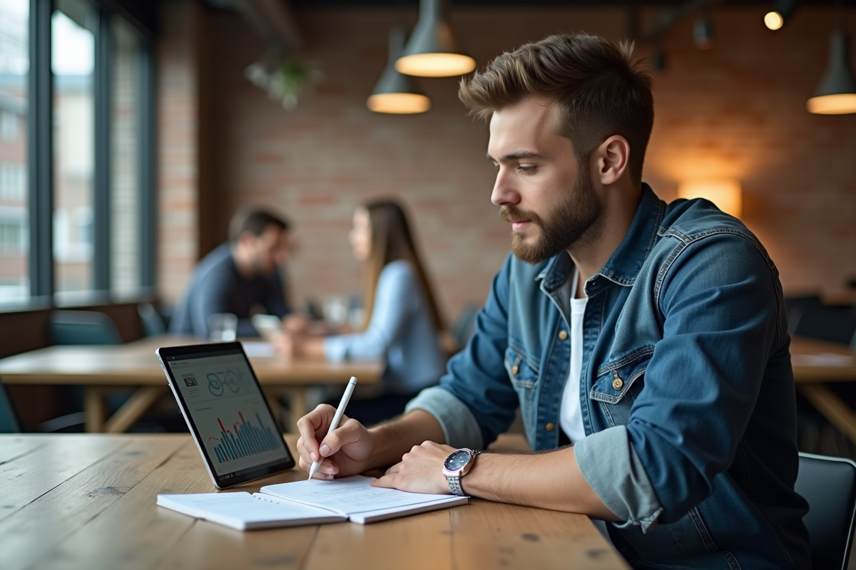Jeune homme analysant des graphiques SEO dans un espace de coworking