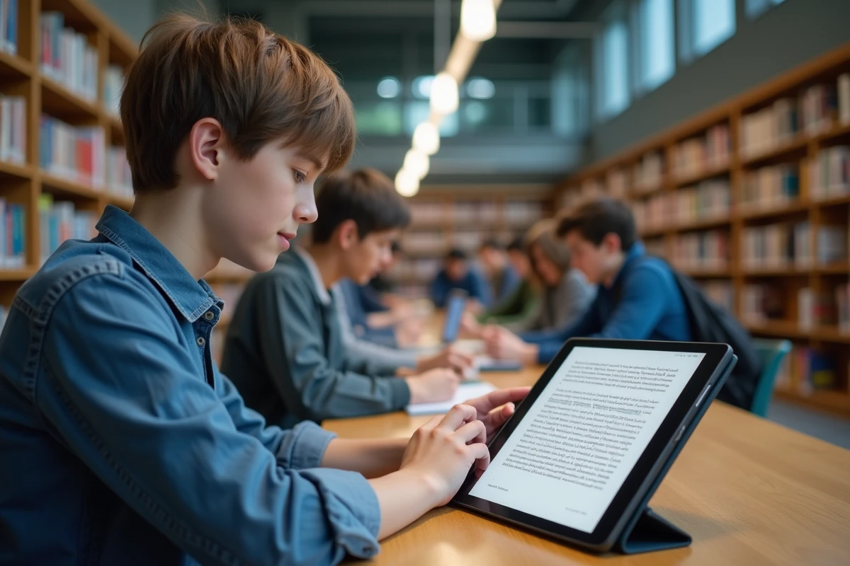 Jeune homme étudiant avec tablette dans une bibliothèque moderne