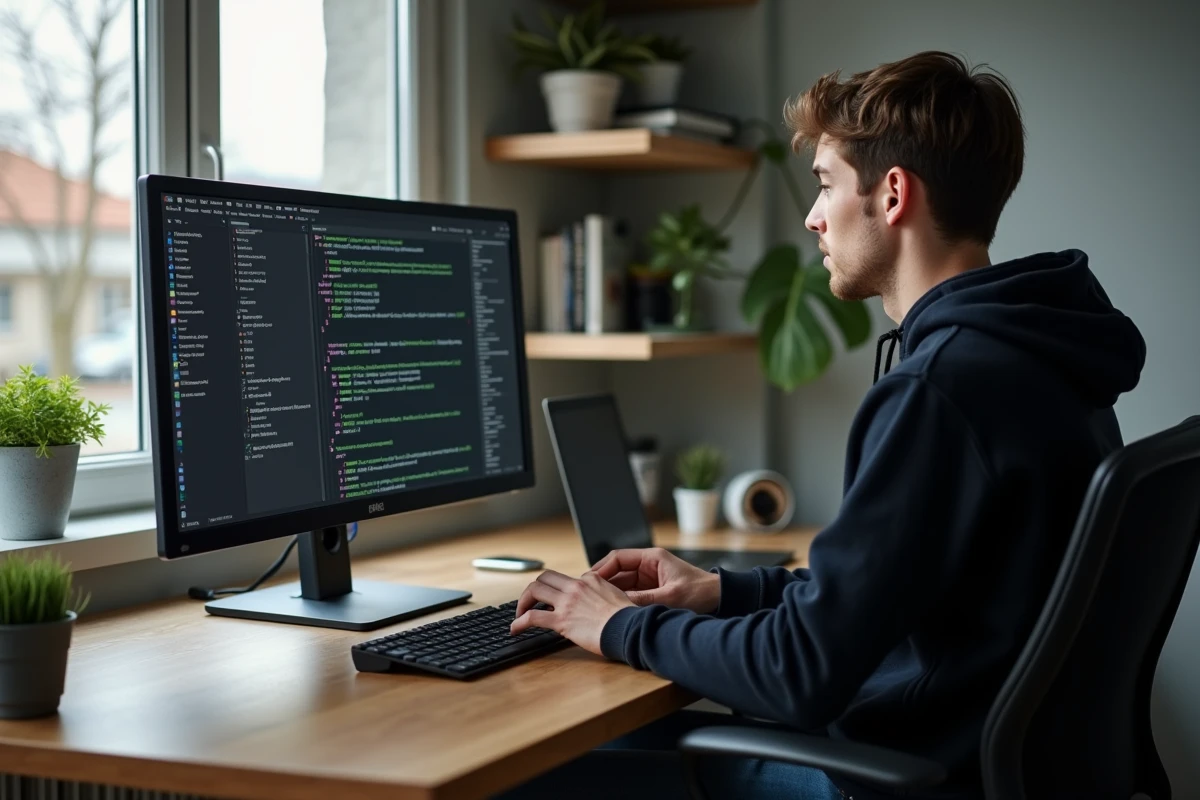 Jeune homme en hoodie installe des pilotes sur son ordinateur