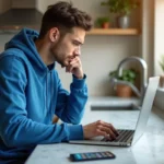 Jeune homme vérifiant ses emails dans une cuisine lumineuse