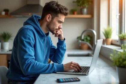 Jeune homme vérifiant ses emails dans une cuisine lumineuse